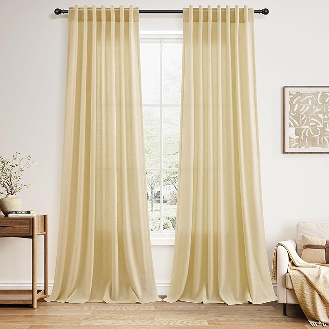 Nanspring Cream Yellow Linen Curtains 90 Inches Long for Living Room Light Filtering Modern Farmhouse Sheer Curtains Back Tab and Rod Pocket Curtain for Bedroom Office 52x90, 2 Panels