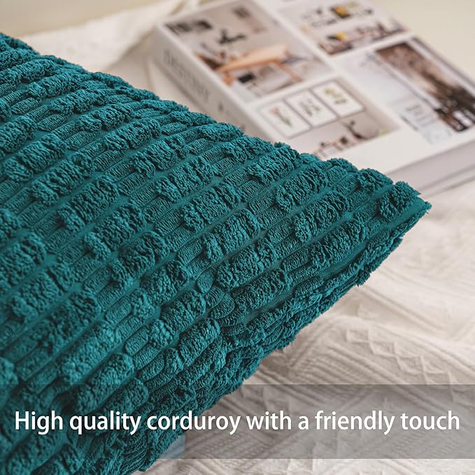 Pack of 2 Corduroy Decorative Throw Pillow Covers 18x18 Inch Soft Striped Pillow Covers Modern Farmhouse Home Decor for Sofa Living Room Couch Bed（Turquoise）