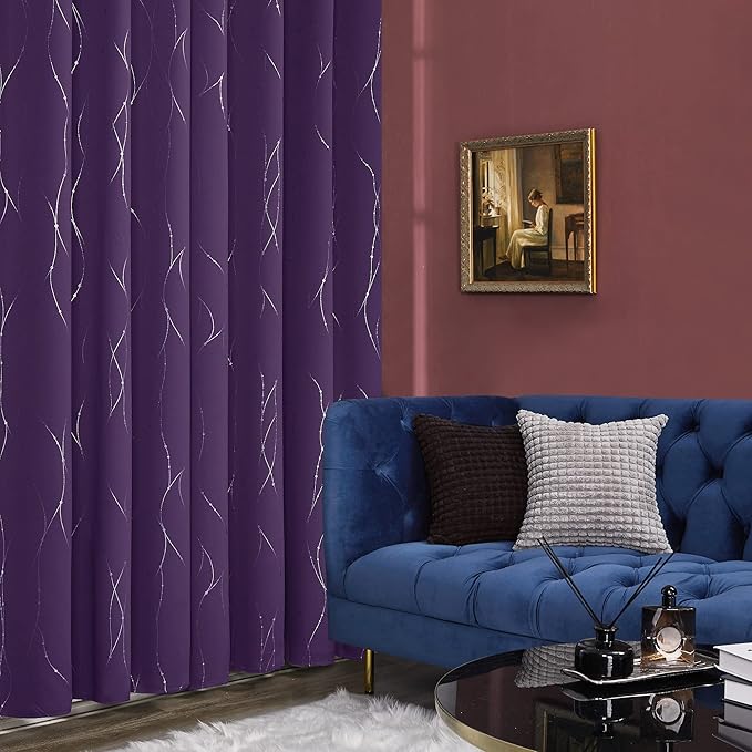 Deconovo Short Purple Curtains, Blackout Drapes with Wave Line Silver Print, 38 x 45 Inches Long, Thermal Insulated Panel, Grommet Top, Machine Washable, Set of 2 Panels for Kitchen Nursery Bedroom