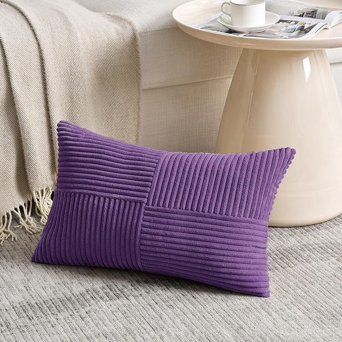 Fancy Homi 2 Packs Purple Lumbar Decorative Throw Pillow Covers 16x26 Inch for Living Room Couch Bed Sofa, Farmhouse Home Decor, Soft Striped Corduroy Rectangle Accent Cushion Case 65x40 cm