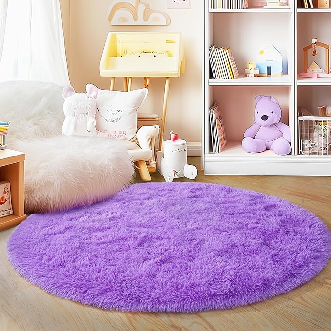 4'x4' Purple Round Rug for Bedroom, Ultra Soft Fluffy Circle Rug for Kids Girls Boys Room, Cute Shag Rugs for Living Room Playroom Teen Room Home Decor Rug