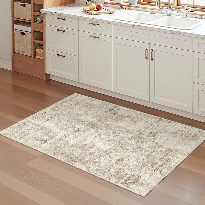 2x3 Washable Rugs for Kitchen, Floor, Entryway, Powder Room Small Area Rug Non-Slip Vintage Low Pile Throw Door Mat Beige/Gray