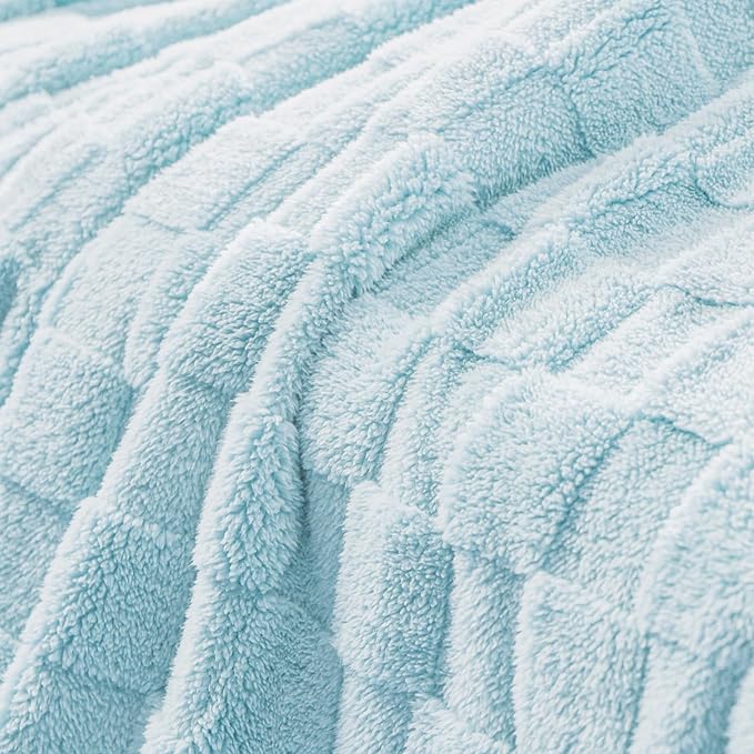 Exclusivo Mezcla Queen Size Flannel Fleece Blanket, Super Soft and Warm Lightweight Checkered Pattern Blankets for All Seasons, 90x90 Inches, Light Blue