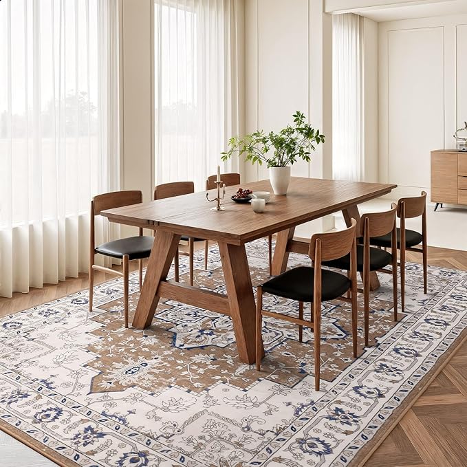 Rugflix 9x12 Area Rug for Living Room, Vintage Washable Area Rug Non Slip Backing Low Pile, Floral Soft Foldable Carpet for Bedroom Dining Room, Brown/Beige