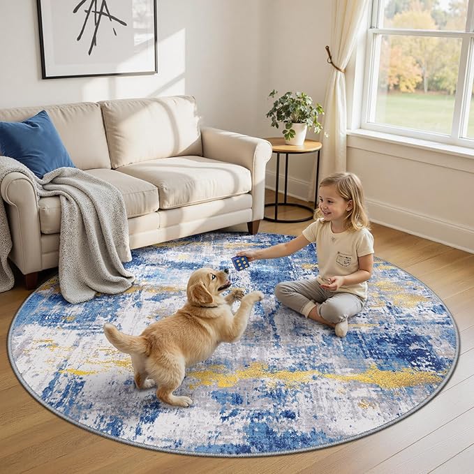 Washable Area Rugs 8ft Non-Slip Modern Abstract Soft for Living Room Entryway Bedroom Nursery, Print Pattern, Grey Blue Gold/Golden