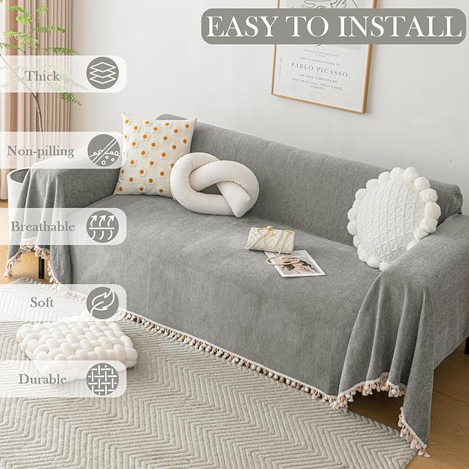 HANDONTIME Couch Slipcovers for Sofas Dark Grey Couch Cover Sofa Cover for Dogs Boho Pet Couch Protector with Tassel Chenille Herringbone Couch Cover for 2 3 Seat Washable Pet Friendly, 91" X134"