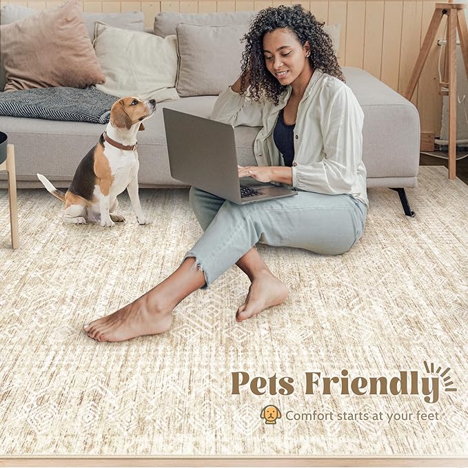 Living Room Rugs 9x12: Washable Moroccan Geometric Boho Rug Farmhouse Non Slip Stain Resistant Large Rug Low Pile Soft Carpet for Bedroom Dining Room Children Room (Beige,9'x12')