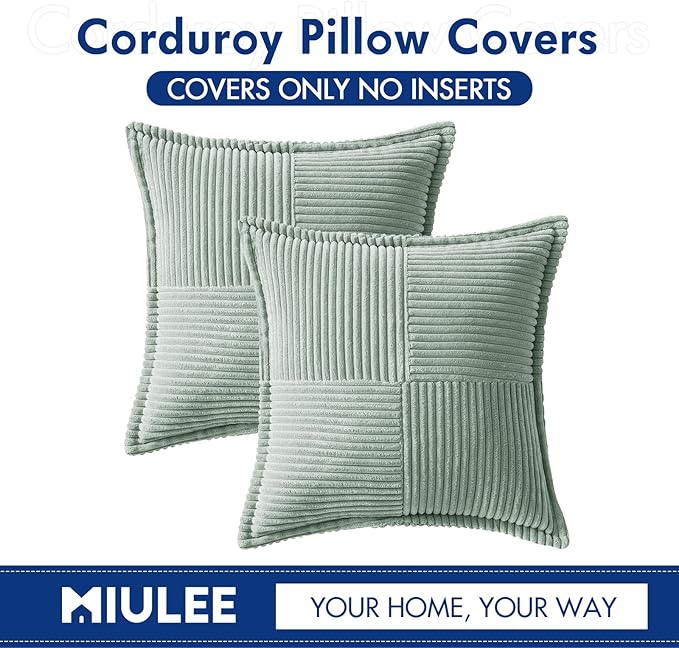MIULEE Spring Decorative Throw Pillow Covers for Couch Bed Livingroom 18x18 Inch Set of 2 Greyish Green Boho Accent Throw Pllows Broadside Striped Patchwork Soft Corduroy Summer Pillowcases