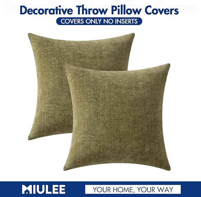 MIULEE Pack of 2 Couch Throw Pillow Covers 18x18 Inch Soft Olive Green Chenille Pillow Covers for Sofa Living Room Solid Dyed Pillow Cases