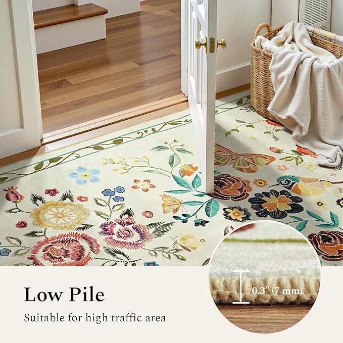 Rugflix 5x7 Washable Area Rug for Living Room, Soft Non Slip Low Pile Carpet, Floral Vintage Stain Resistant Rugs for Bedroom, Dining Room, Home Office, Beige Yellow