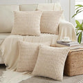 Fancy Homi 4 Packs Tan Decorative Throw Pillow Covers 24x24 Inch for Living Room Couch Bed Sofa, Beige Rustic Farmhouse Boho Home Decor, Soft Plush Striped Corduroy Square Cushion Case 60x60 cm