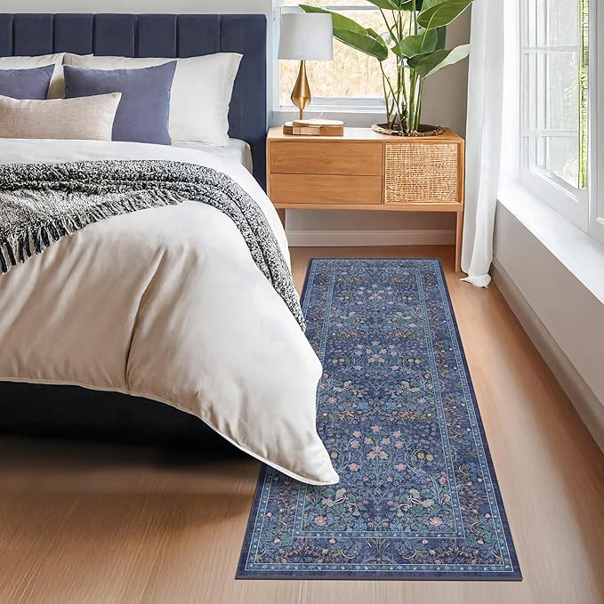 Hazo Haus Non Slip 2x6 Dark Blue Kitchen Runner Rug - Long Runner Rugs 24 x 72 Washable Hallway Floor Mat, Bedroom Laundry Room Bathroom Runner - Dusky Navy Vintage Floral Design Décor
