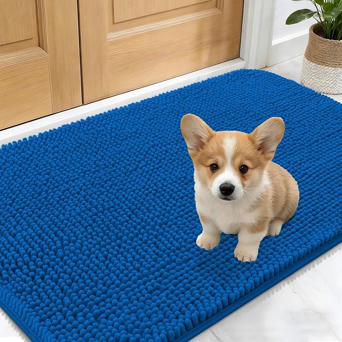 OLANLY Dog Door Mat for Muddy Paws 30x17, Absorbs Moisture and Dirt, Absorbent Non-Slip Washable Doormat, Quick Dry Chenille Mud Mat, Entry Indoor Entryway Carpet for Inside Floor, Deep Navy Blue