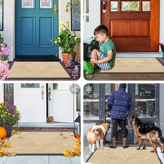 Smiry Front Door Mat Outside Entrance, Heavy Duty Sturdy Natural Rubber Doormat, Trap Dirt and Moisture, Easy Clean Low Profile Welcome Floor Mats for Indoor Outdoor Entry, 59x34 Inch, Beige