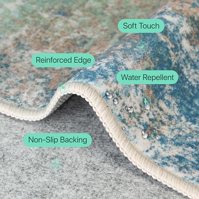 Area Rugs 8x10 for Living Room Bedroom, Modern Abstract Machine Washable Rug, Large Soft Low Pile Floor Carpet with Non Slip Backing for Dining Room, Blue Green