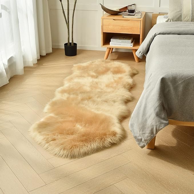 duduta Beige Faux Sheepskin Runner Rugs 2x6 ft, Fluffy Shag Bedroom Rug Fur Sofa Couch Covers Washable