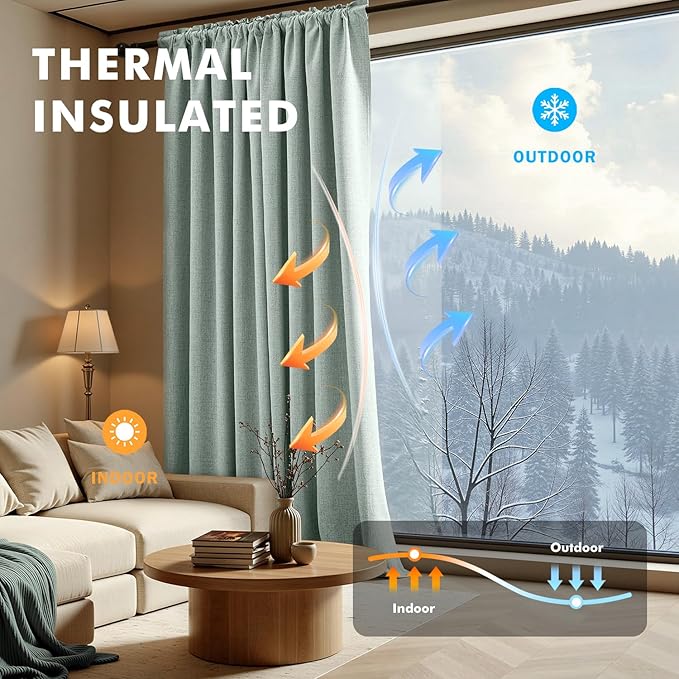 MIULEE 100% Blackout Linen Curtains for Bedroom, Seafoam Green Solid Luxury Decor Thermal Insulation Room Darkening Drapes for Living Room Nursery Back Tab Rod Pocket 42 x 90 Inches, 2 Panels
