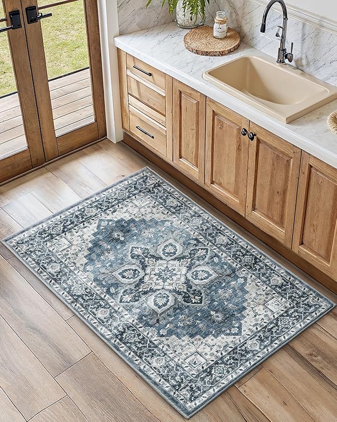 AMADA HOMEFURNISHING 2x4 Washable Area Rug, Low-Profile Entryway Rug with Non-Slip Backing & Durable Edge Binding, Vintage Rug Pattern, Small Rugs for Entryway, Kitchen & Living Room