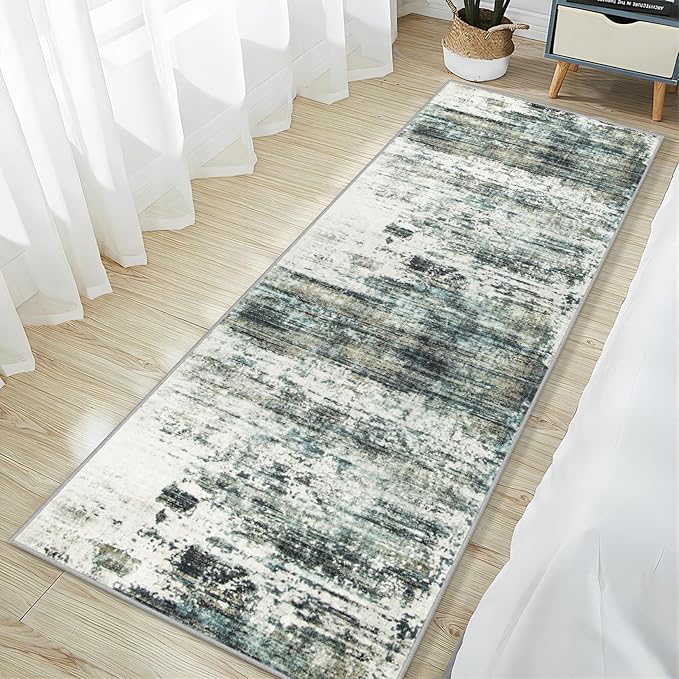 2'6''x8' Runner Rugs Washable Rug: Modern Abstract Hallway Runner Rug Indoor Soft Low Pile Thin Carpet Anti-Skid Non-Shedding Carpets for Kitchen, Entryway, Laundry, Bedroom - Green Multi