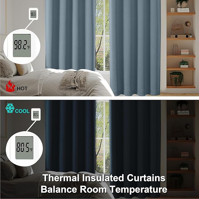 Simplebrand Blackout Extra 10ft Curtains for Patio 120 Inches Long 2 Panels Set, Solid Thermal Insulated Energy Saving Rod Pocket Window Treatment Curtains Blackout Drapes, 50" Wx120 L, Stone Blue