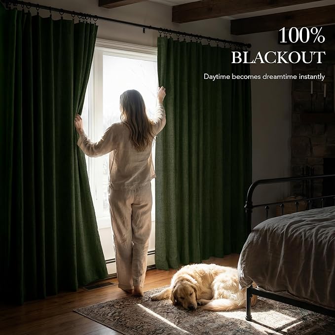 RYB HOME Olive Green 100% Blackout Linen Curtains 90 inches Long, Luxury Thermal Insulated Room Darkening Drapes for Living Room/Bedroom/Sliding Doors, Back Tab&Rod Pocket, W52xL90, 2 Panels