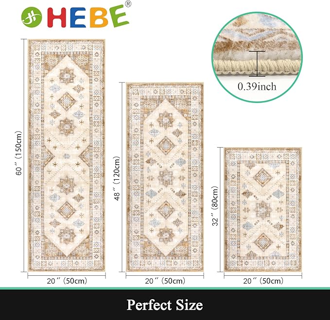 HEBE Boho Kitchen Rug Sets 3 Piece with Runner Non Slip Kitchen Rugs and Mats Washable Kitchen Mats for Floor Thick Kitchen Floor Mat Carpet Runner Rugs for Hallway Laundry Holiday Decor