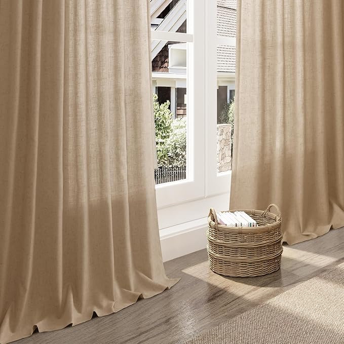 Sand Beige Linen Curtains for Living Room 126 Inches Long Simple Modern Light Filtering Semi Sheer Curtain Back Tab Rustic Home Decor Drapes Floor to Ceiling High Window for Bedroom 52x126, 2 Panels