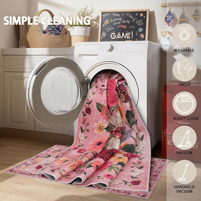 Pink Floral Girls Room Rug 4x6, Non-Slip Washable Rugs for Bedroom Living Room Nursery Kitchen Dining Room Indoor, Ultra-Thin Soft Stain Resistant Girls Room Decor(4 x 6, Pink Garden)