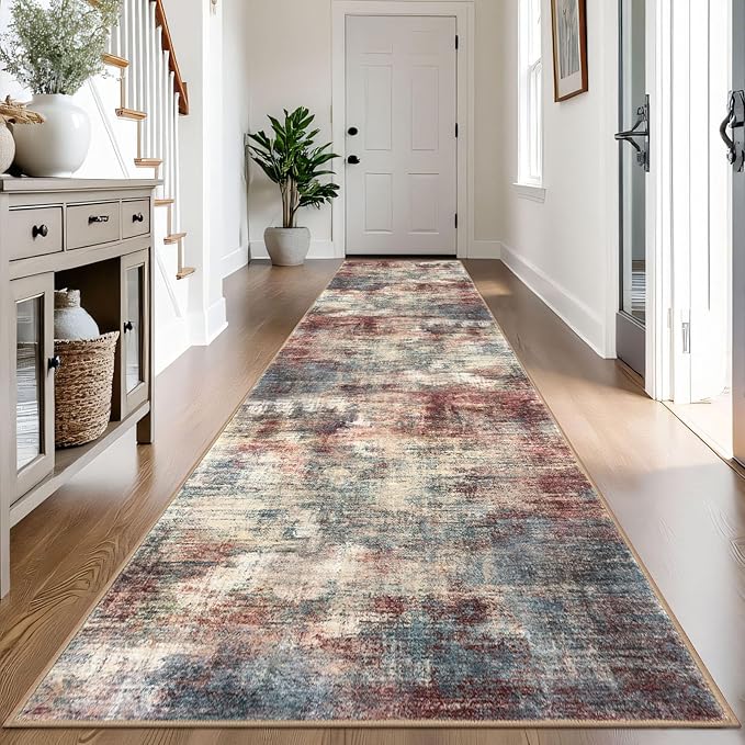 IOHOUZE Abstract Runner Rug 3x14 Ft Washable Runners for Hallways, Non Slip Kitchen Runner Printed Faux Wool Entryway Runner Indoor, Modern Abstract Floor Carpet for Hall Stair, Red/Multi