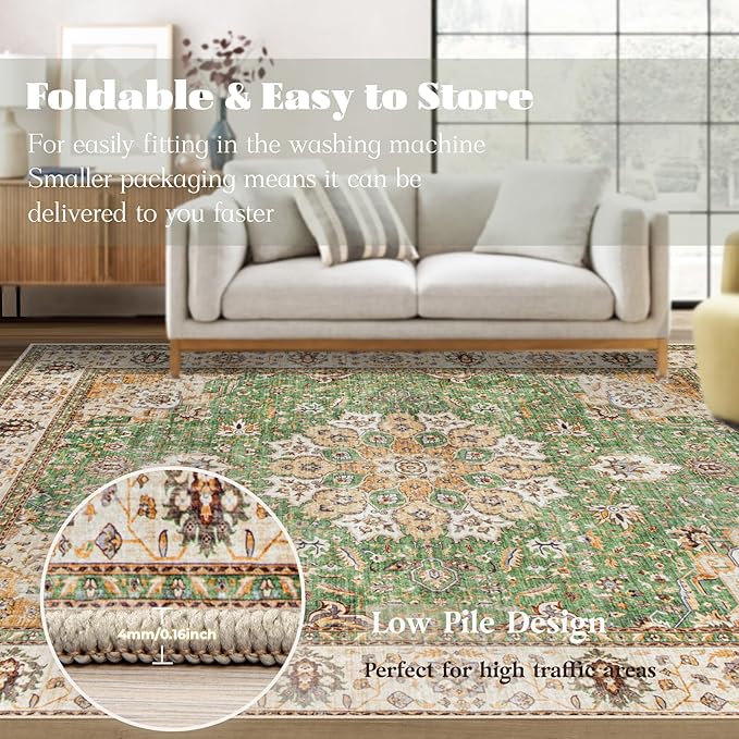 Area Rug 8x10 Washable Rug, Vintage Boho Medallion Rugs Non-Slip Soft Low Pile Large Distressed Rug Indoor Retro Carpet for Living Room Bedroom Dining Room Home Office (Vintage Green, 8'x10')