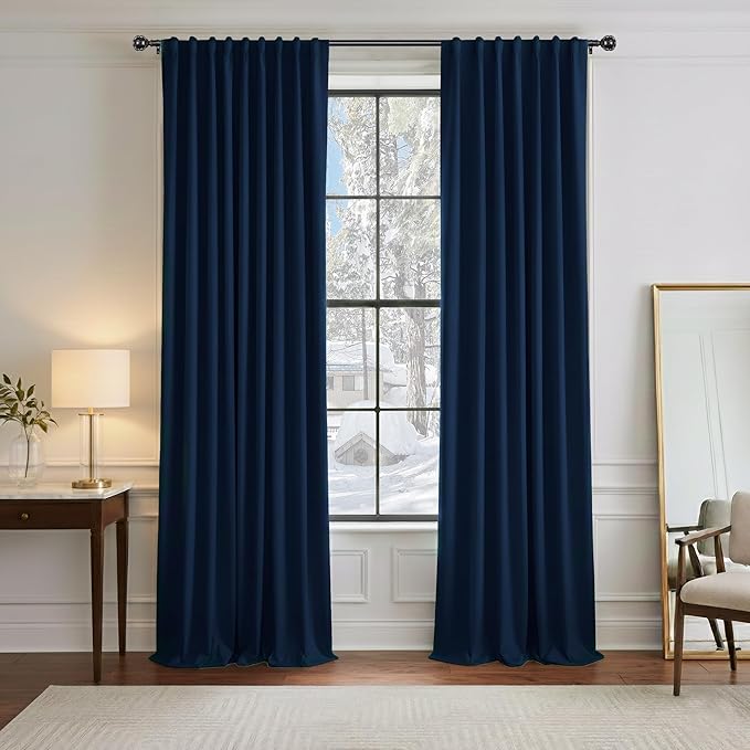PONY DANCE Blue Black Out Curtains 84 inches - Thermal Insulated Privacy Rod Pocket Curtain Drapes for Kitchen Home Decoration, 52 W x 84 L, Navy Blue, 2 Pieces
