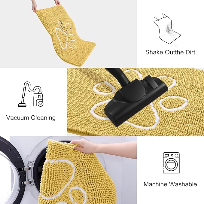 Smiry Dog Door Mat for Muddy Paws, Absorbent Dirt Trapper Non Slip Quick Dry Washable Chenille Mat for Mud Dogs, Entry Rug for Indoor and Outdoor (36x24 Inches, Yellow and White)