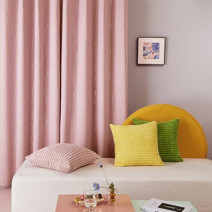 Deconovo Pink Blackout Curtains for Bedroom, Thermal Insulated Soundproof Pravicy Curtain, Silver Wave Dots Print, 52 x 84 Inch Long, Machine Washable Window Panels for Kids Room Nursery, Set of 2