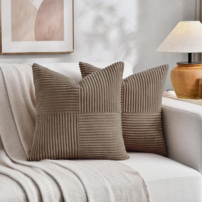 Fancy Homi Set of 2, Light Brown Patchwork Corduroy Decorative Soft Striped Modern Accent Cushion Case Farmhouse Boho Neutral Throw Pillow Covers for Chair Couch Bed Sofa Living Room 18x18 Inch