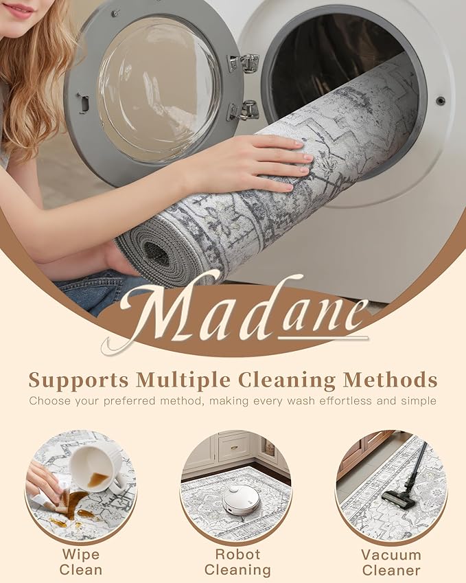 Madane Hallway Runner Rug 2x12, Long Washable Runner Rugs 12ft with Rubber Backing, Non Slip Carpet Runner, Vintage Rug Runners for Kitchen Laundry Room Entryway (Grey, 2'x12')