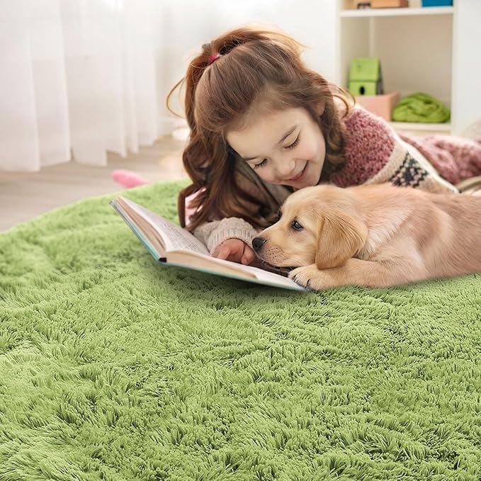 OLANLY Grass Green Round Rugs for Bedroom - Machine Washable, 3 ft Circle Area Rugs for Living Room, Soft and Fluffy Shaggy Carpet for Teen Girls and Boys, Nursery Rooms, Dorms, Home Decor Aesthetic