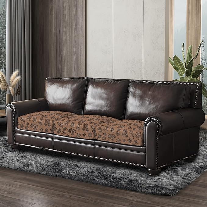 Leather Look Couch Cushion Covers Sofa Seat Slipcovers Sets Couches Furniture Protector for Sectional Armchair Loveseat Pets Kids Stretch Spandex Fabric (3 Cushion Sofa, Brown 01Flower)
