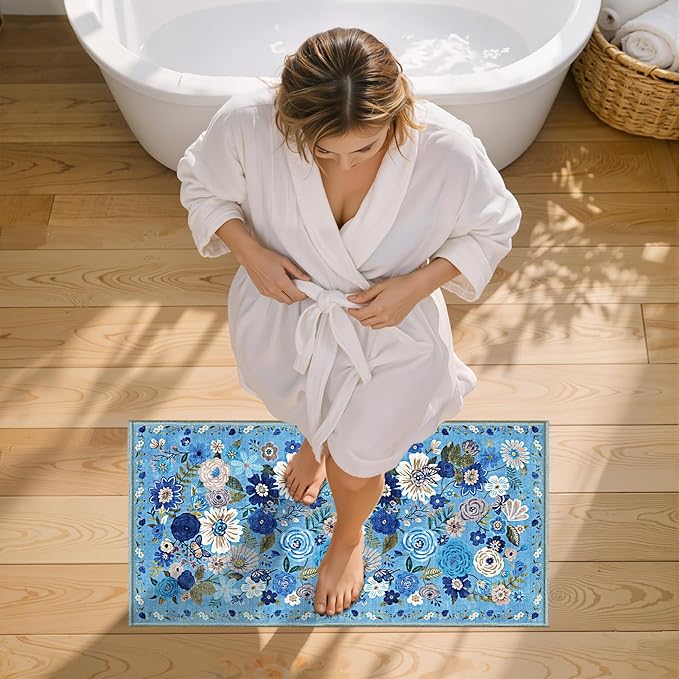 2x4 Entryway Runner Rugs, Non Slip Washable Rugs with Rubber Backing Soft Floral Carpet Runner for Kitchen, Laundry, Bedroom, Bathroom(2 x 4, Blue Garden)