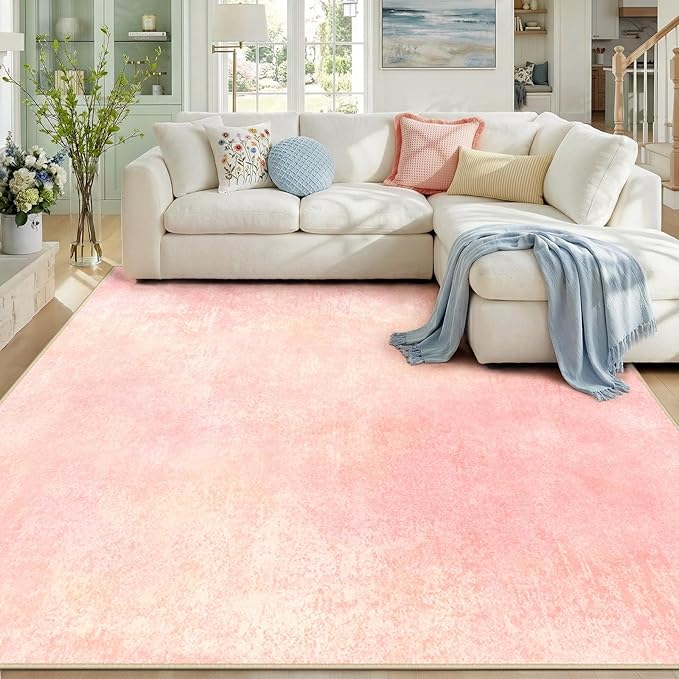 Washable Area Rugs 9'x12' Non-Slip Modern Abstract Soft for Living Room Entryway Bedroom Nursery, Print Pattern, Light Pink