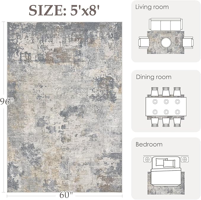 UERMEI 5x8 Area Rug Living Room Rugs - Washable Neutral Modern Abstract Soft Thin Large Rug Indoor Floor No Slip Rug Carpet for Bedroom Under Dining Table Home Office Decor - Blue Grey