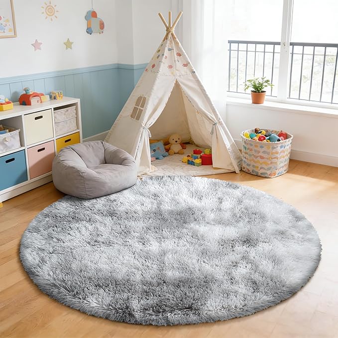 Tie-Dyed Fluffy Round Rug,Soft Area Rugs for Girls Room,Shaggy Rugs 4'X4' for Living Room,Non Slip Circle Rug for Kids Bedroom,Shag Plush Nursery Rug,Plush Carpet for Dorm,Furry Room Decor,Light Grey