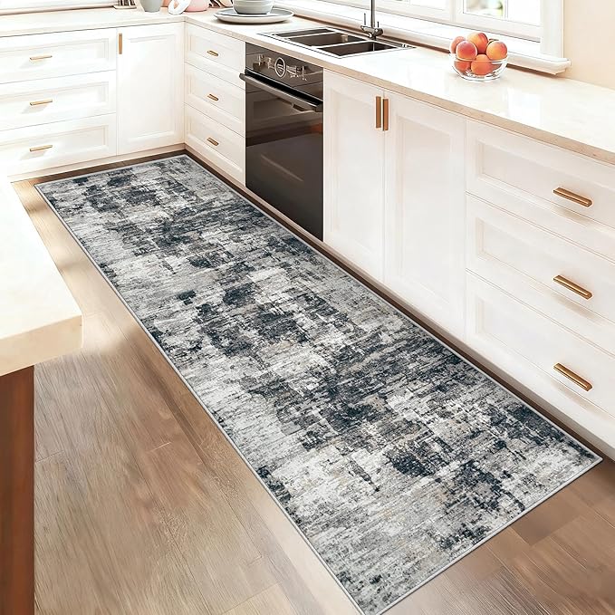 XLUEZ 2x8 Runner Rug for Hallway, Washable Modern Abstract Runner Rugs Neutral Soft Non Slip Kids Rug Stain Resistant Indoor Runners for Entryway Bedroom Kitchen Laundry Room(BlackGrey, 2'x8')