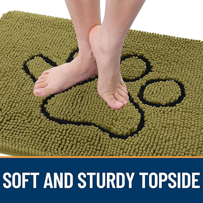OLANLY Dog Door Mat for Muddy Paws 36x24, Paw Print Design, Absorbs Moisture and Dirt, Non-Slip Washable Doormat, Quick Dry Chenille Mud Mat for Dogs, Entry Indoor Entryway Carpet, Willow Green