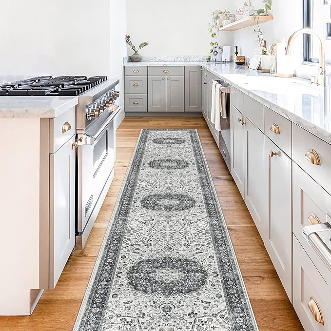 Hallway Washable Runner Rug - 2x10 Kitchen Rugs Entryway Rug Runner Vintage Soft Floor Mat Non Slip Indoor Farmhouse Carpet for Bathroom Living Room Bedroom (2 X 10, Grey)