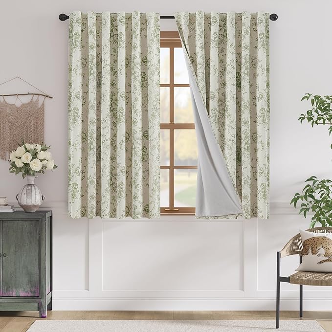 jinchan Blackout Floral Curtains for Living Room Bedroom Linen Blend Curtain Farmhouse Green Printed with Lined Back Tab Rod Pocket Drapes Window Treatments 2 Panels 63 Inch