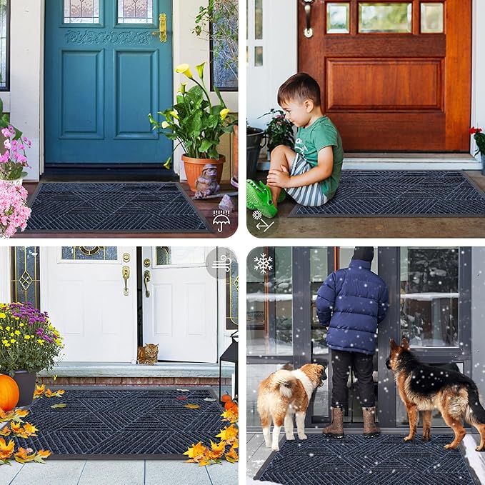 Smiry Front Door Mat Outside Entrance, Heavy Duty Sturdy Natural Rubber Doormat, Trap Dirt and Moisture, Easy Clean Low Profile Mats for Indoor Outdoor Entry, Irregular Triangle (59x20, Navy Blue)