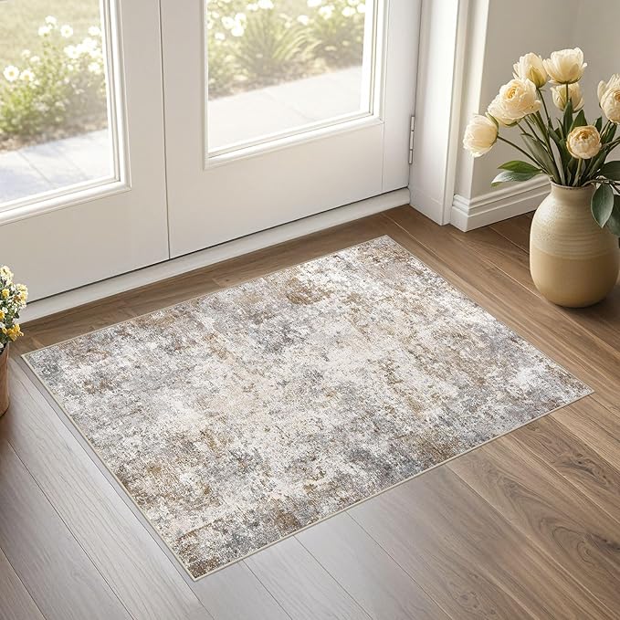 UERMEI 2x3 Entryway Area Rug: Washable Neutral Modern Abstract Small Rug - Non-Slip Low Pile Throw Indoor Carpet for Entrance Kitchen Front Door Mat Bathroom Entry Kids Room - Brown Grey