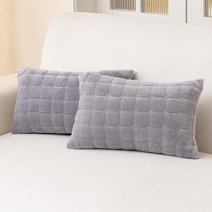 Velvet Throw Pillow Covers(Pack of Two, Light Grey) 12×20 Inch Decorative Pillows Cover Neutral Soft Chenille Couch Pillows with Zipper Aesthetic for Living Room and Bedroom