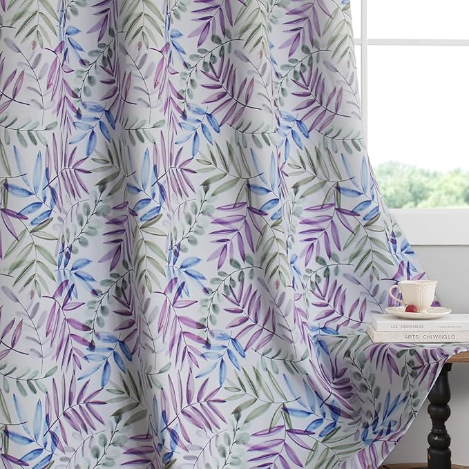 SimpleHome 100% Blackout Curtains for Bedroom, Floral Curtains 84 inches Long Purple Green Blue Drapes Grommet 2 Panels Set Leaf Patterns