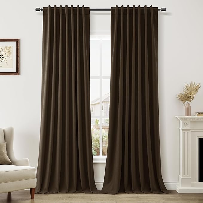 Guken 100% Blackout Curtains 96 Inch Length 2 Panels Set for Living Room Bedroom Back Tab Thermal Insulated Black Out Linen Drapes Room Darkening Chocolate,52x96